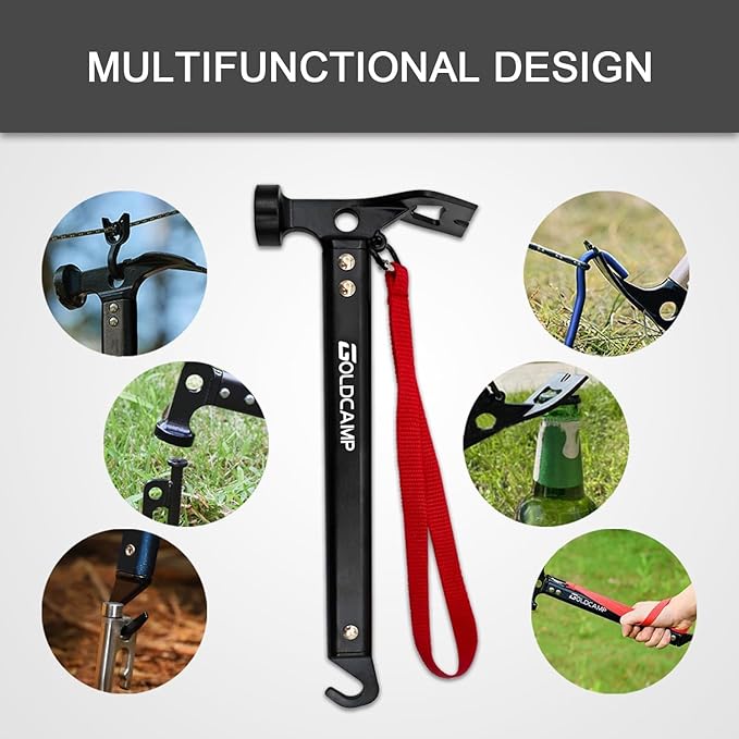 GOLDCAMP 8 Pack Heavy Duty Tent Stakes and Hammer with Canvas Storage Bag, 8in Duty Metal Tent pegs Ground Anchor for Camping、Outdoor、Hiking（Durable Combination）