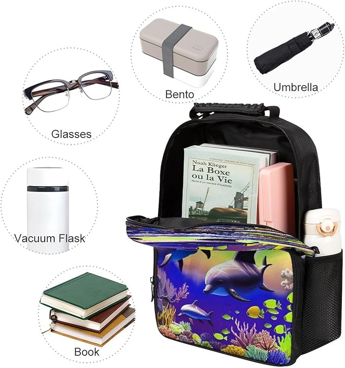 Lightweight Rucksacks for Camping Picnic Walking Cycling, Large Capacity Multipurpose Anti-Theft Carry On Bag, Magical Underwater World Of Dolphins And Fish Art Travel Hiking Camping Rucksack