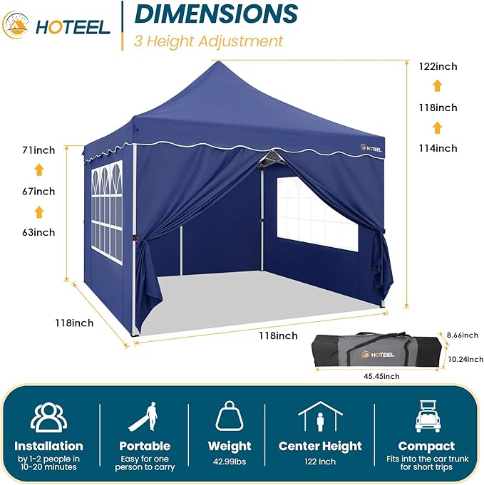 HOTEEL Canopy Tent 10x10 Pop Up Canopy with 4 Removable Sidewalls, Sandbags, Stakes & Ropes, UPF 50+ Easy Setup Canopy Tent Waterproof Outdoor Instant Portable Shelter for Party, Events, Vendor, Navy