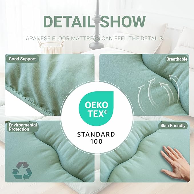 Japanese Floor Mattress Futon Mattress,3" Foldable Tatami Sleeping Pad for Adults & Kids,100% High Density Foam Comfortable Floor Mattress Full Size 54"x 80",Ideal for Comfort and Support,Green