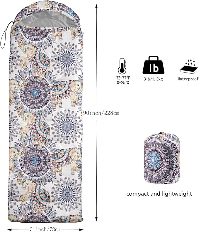 Kids Sleeping Bag for Boys Girls,Bohemian Cowboy Print-Lightweight Warm Portable Outdoor Indoor-Waterproof Cold Weather Resistant Sleeping Bag for Camping Hiking