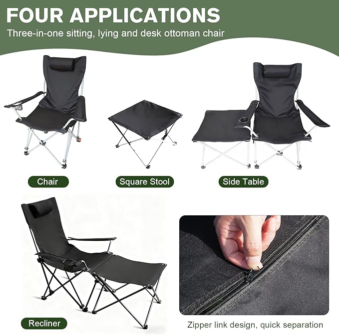 Portable Camping Chair with Footrest Folding Lounge Chair, Reclining Chair for Outside with Cup Holder, Side Pocket and Pillow, Heavy Duty Collapsible Chair for Sports,Outdoors & Lawns