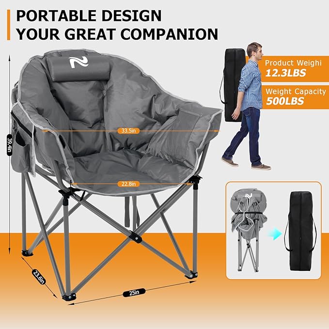 LILYPELLE Oversized Heated Camping Chair, Patio Lounge Chairs with 3 Heat Levels, Portable Folding Heated Chair Round Moon Saucer Folding Lawn Chair Outdoor Chair for Camping, Lounge Patio