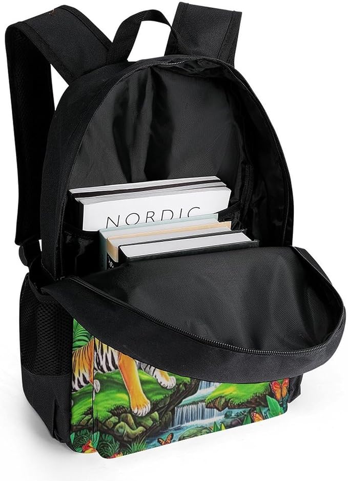 Supdreamc Daypack Bookbag Multipurpose Anti-Theft Big Capacity Carry On Bag, King Of The Tiger Tropical Rainforest Landscape Jungle Parrot Birds Travel Hiking Camping Rucksack With Padded Straps
