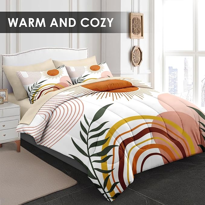 Comforter Set Queen Size, Boho Retro 7 Pcs Bedding for Kids and Adults, Vintage Sunshine Bed Sheet Sets with Fitted Sheet 2 Pillowcase & 2 Sham for Bedroom Bed Decor