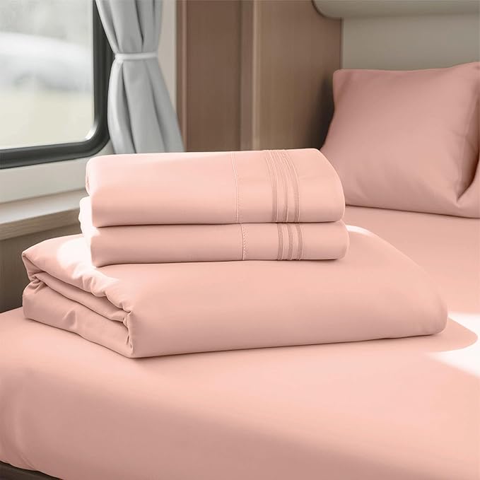 Hearth & Harbor Short Queen Sheets for RV, Blush Pink RV Queen Sheets, Silky Soft 1800 Microfiber Bed Sheet for Camper, 4 Piece RV Bedding with Pillowcases