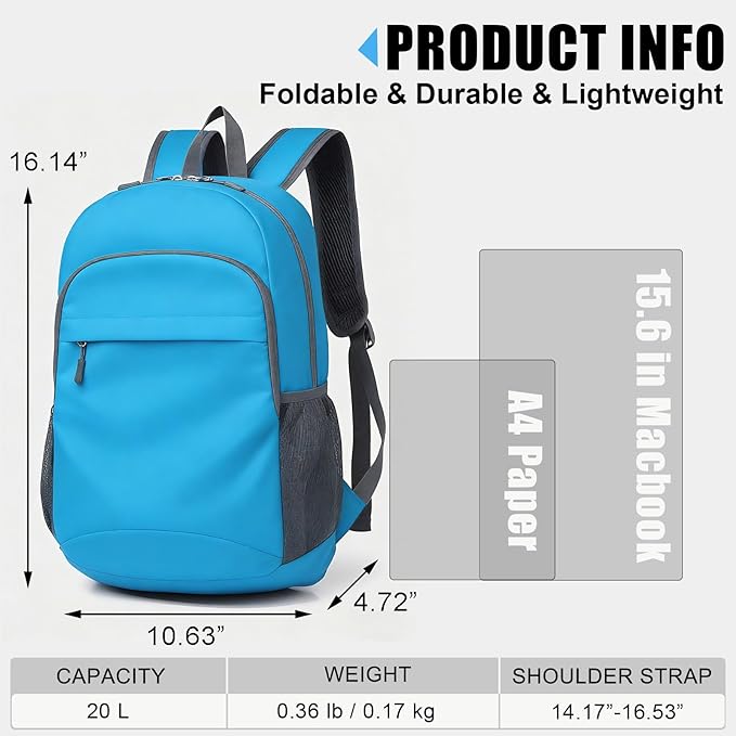 Lightweight Packable 20L Hiking Backpack Foldable Small Camping Pack for Men Women Outdoor Travel Waterproof Daypack Shoulder Bag Blue