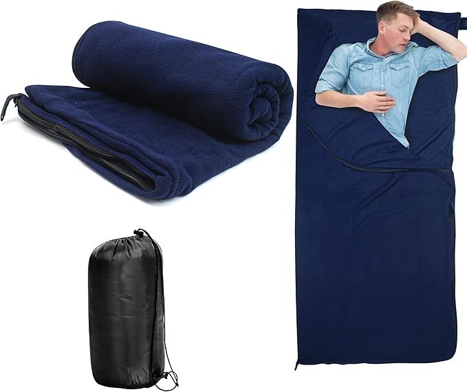 Fleece Sleeping Bag Liner for Cold Weather, 75 x 31 In, Insert Liner for Travel Sheet Sleep Sack with Zipper, Thin Camping Pad, Warmth Lightweight Thermal Blanket for Winter Outdoor Adults Unisex Blue