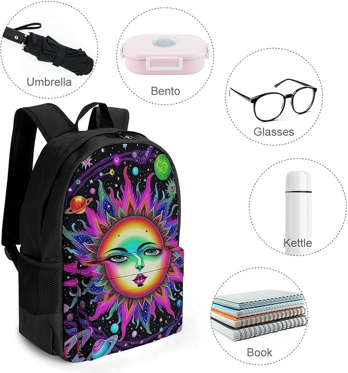 Supdreamc Men Women Lightweight Psychedelic Sun And Moon Neon Art Daypack Bookbag Big Capacity Carry On Bag With Side Pockets for Camping Travel Bicycle