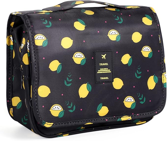 Pengxiaomei Toiletry Bag for Women, Waterproof Hanging Cosmetic Bag Portable Travel Makeup Pouch Multifunction Handle Bathroom Bag for Mothers Day Gifts (Black Lemon)