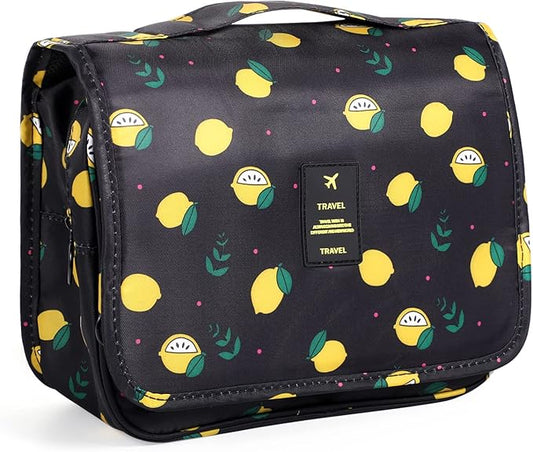 Pengxiaomei Toiletry Bag for Women, Waterproof Hanging Cosmetic Bag Portable Travel Makeup Pouch Multifunction Handle Bathroom Bag for Mothers Day Gifts (Black Lemon)