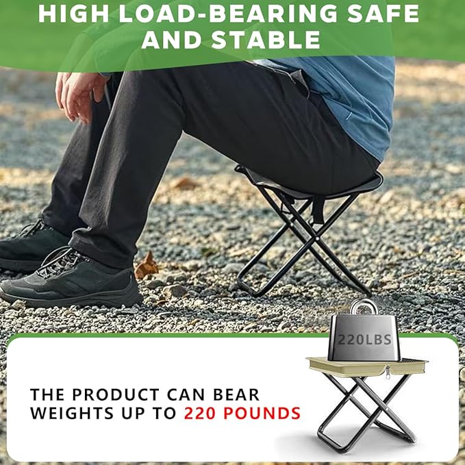 2-in-1 Collapsible Camping Stool & Sling Bag / 220LB Load Capacity Folding Portable Fishing Stool/Collapsible Stool for Camping, Hiking, Fishing, Gardening & Beach Outdoor Activities (Khaki, L)