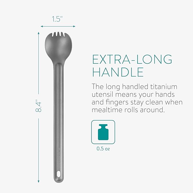 Navaris Long Handle Titanium Spork - 8.4" (21.5cm) Long Metal Utensil for Backpacking and Camping - Extra Strong and Lightweight - Includes Carry Bag