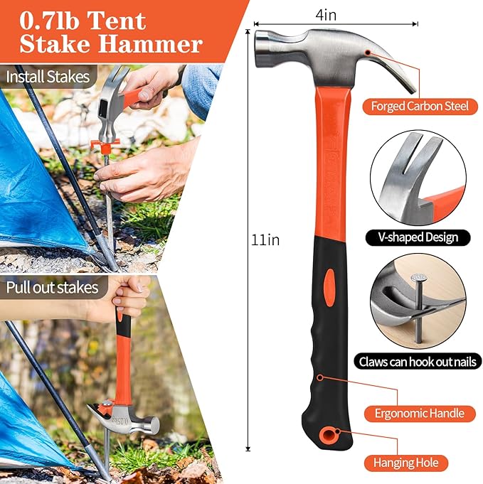 10 Pack 10in Heavy Duty Tent Stakes and Hammer Set, with Storage Pouch, for Outdoor Camping Tent, Tarp, Canopy, Picnic, Shade
