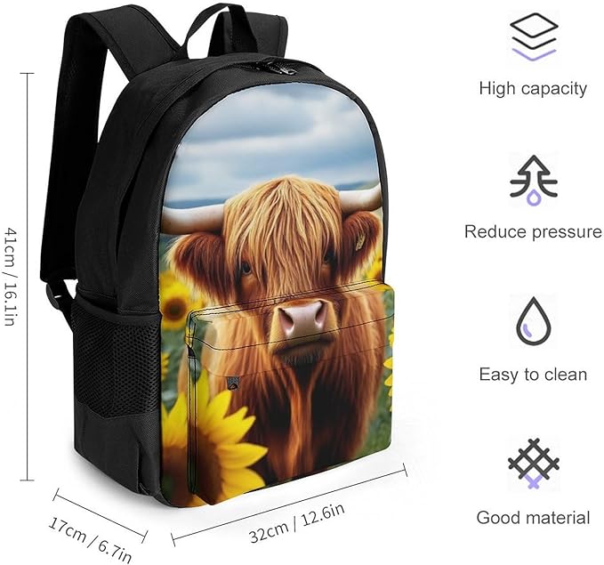 Men Women Polyester Sunflower Highland Cow Daypack Backpack Large Capacity Carry On Bag With Smooth Zippers for Hiking Picnic Walking Cycling