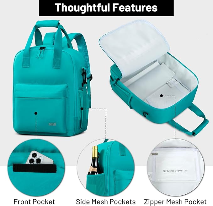 MIER Backpack Cooler 24 Cans Insulated Double Deck Soft Coolers Bag Lightweight Lunch Back Pack Women Men for Beach Travel Work Fishing,Teal