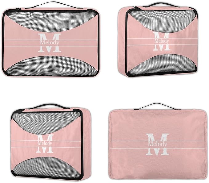 Custom Packing Cubes with Name, 4Pcs/Set Travel Luggage Packing Organizers Set for Women, Pale Pink Background with Initial Letter