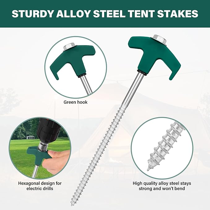 18 Tent Stakes Heavy Duty Metal Tent Stakes Screw in Camping Stakes with Luminous Head Ground Anchor Pegs Threaded Tent Spikes with Hex Head Driver and Storage Box, Green