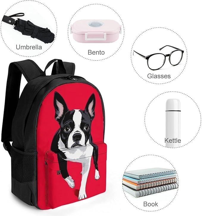 Supdreamc Casual Daypack Multipurpose Anti-Theft Large Capacity Carry On Bag, Black And White Boston Terrier Dog Red Casual Daypack Climbing Shoulder Bag With Padded Straps