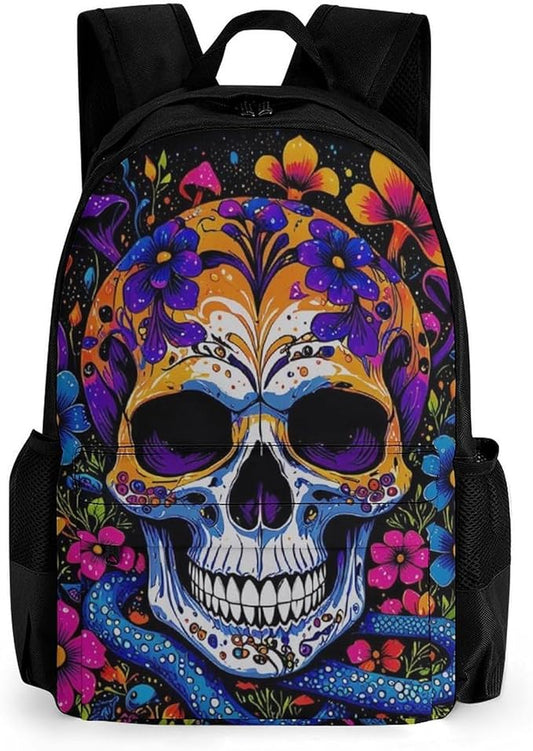Lightweight Backpack for Gym Travel Bicycle, Big Capacity Multipurpose Anti-Theft Carry On Bag, Trippy Skull Head Mushroom Art Travel Hiking Bag Day Pack
