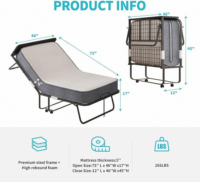 CECER Folding Bed with Mattress, 75" x 46" Rollaway Bed for Adults, 5 inch Thick Memory Foam Mattress，Twin Size Portable Foldable Bed with Headboard & Sturdy Metal Frame，Fold Up, Roll Away