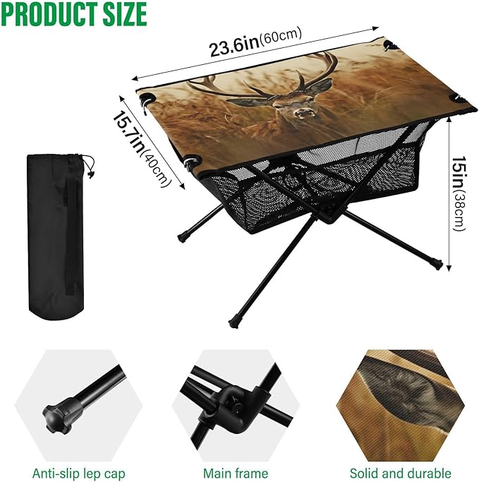 Antler Deer Portable Folding Camping Table, Compact Lightweight Beach Table with Carrying Bag for Outdoor Picnics, BBQs, Camp