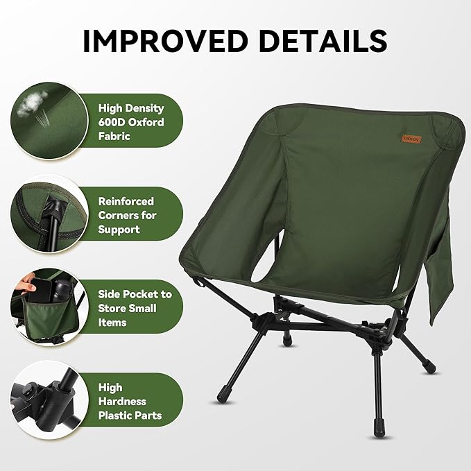 TOBTOS Portable Camping Chair, Support up to 330 LBS, Lightweight Folding Backpacking Chair for Outdoor Camp, Travel, Beach, Picnic, Hiking, Backpacking (Green)