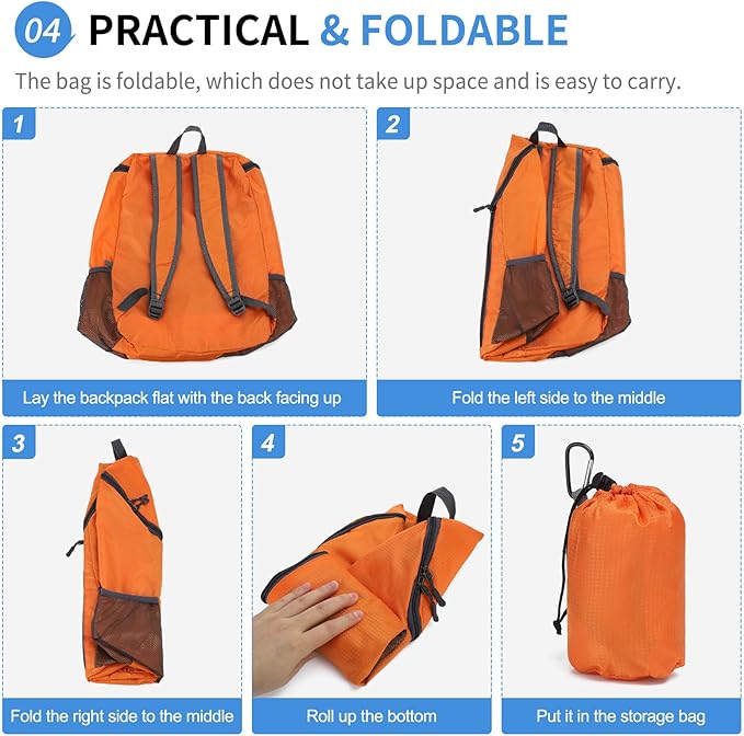 Hiking Backpack, 20L Packable Daypack for Men Women, Nylon with Adjustable Straps, Lightweight Waterproof Outdoor Camping Travel, Orange