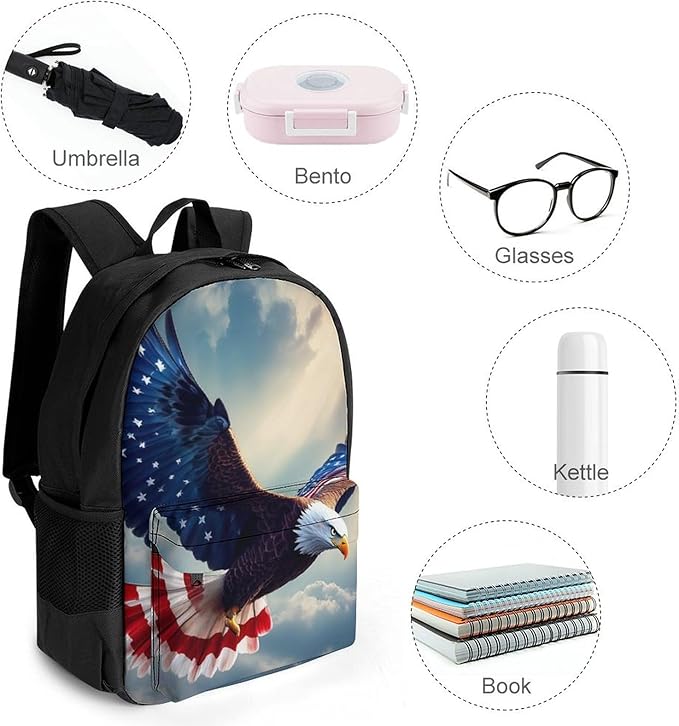 Supdreamc Lightweight Backpack for Gym Travel Bicycle, Big Capacity Multipurpose Anti-Theft Carry On Bag, American Flag Eagle Travel Hiking Bag Day Pack