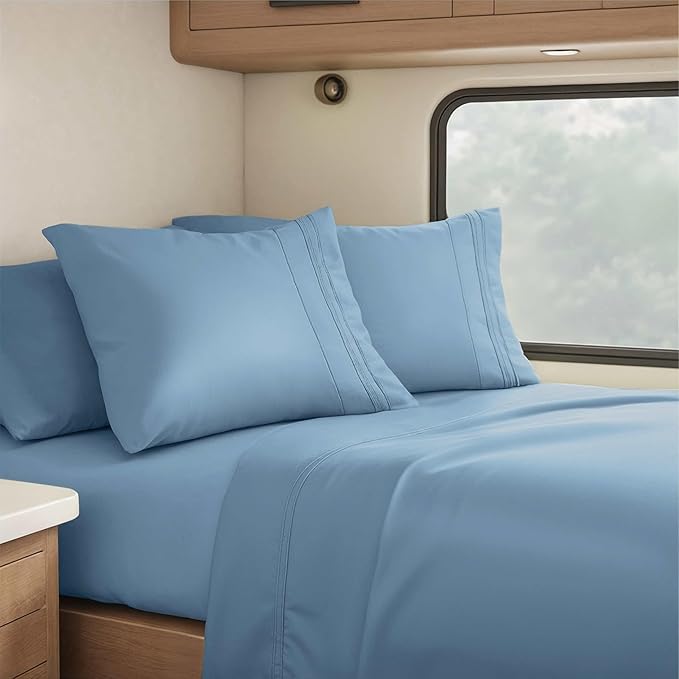 Hearth & Harbor Short Queen Sheets for RV, Blue Heaven RV Queen Sheets, Silky Soft 1800 Microfiber Bed Sheet for Camper, 4 Piece RV Bedding with Pillowcases