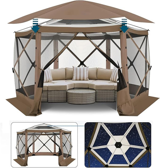 COBIZI 12x12 FT Pop Up Canopy Stargazing Tent, Gazebos On Clearance with Removable Roof,Instant Screened in Gazebo, Screen Tents Portable carpas para Patio for Outdoor Camping,Backyard, Garden, Brown