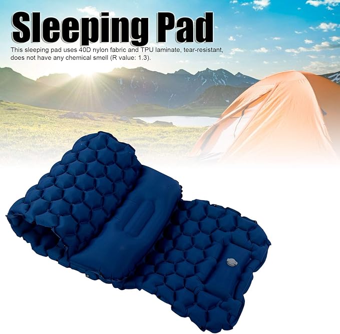 Inflatable Camping Sleeping Pad Mat, Ultra Lightweight Air Cushion Mattress for Tent Hiking Travel, 2 Way Valve Design with 40D Nylon Fabric and TPU Laminate, Compact Foldable (Navy Blue)