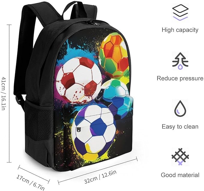 Supdreamc Men Women Lightweight Colorful Paint Splash Ink Soccer Ball Football Black Backpack Large Capacity Bookbag With Smooth Zippers for Gym Business Running