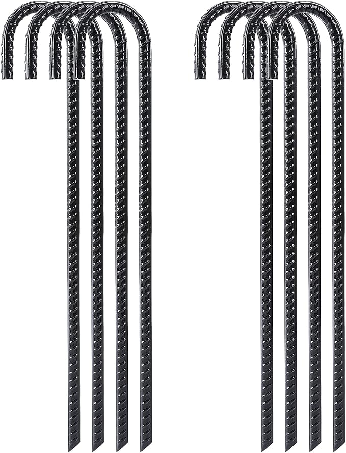 FEED GARDEN 16 Inch 8 Pack Rebar Stakes Heavy Duty J Hook, Galvanized Steel Ground Stakes Tent Stakes Ground Anchors, Chain Link Fence Stakes, Trampoline Stakes, Black