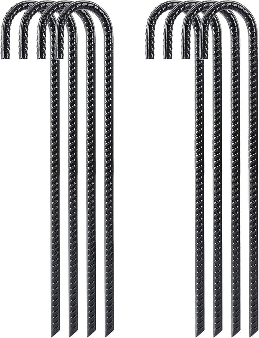 FEED GARDEN 16 Inch 8 Pack Rebar Stakes Heavy Duty J Hook, Galvanized Steel Ground Stakes Tent Stakes Ground Anchors, Chain Link Fence Stakes, Trampoline Stakes, Black