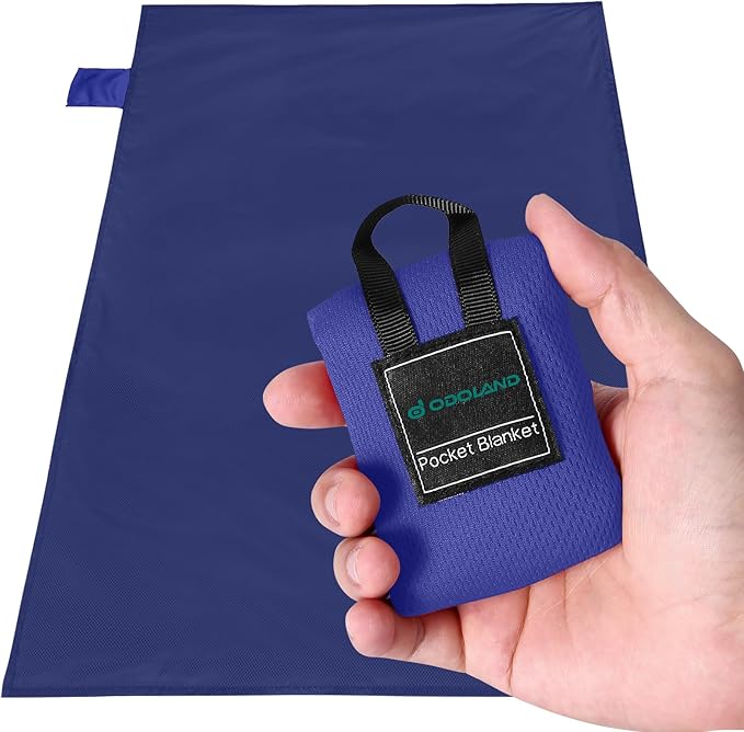 Odoland Beach Picnic Blanket, 43.3" x 27.5" SandProof Waterproof Outdoor Pocket Blanket with Portable Bag, Foldable Lightweight Sand Free Beach Mat for 1 People Hiking, Camping, Travel, Blue