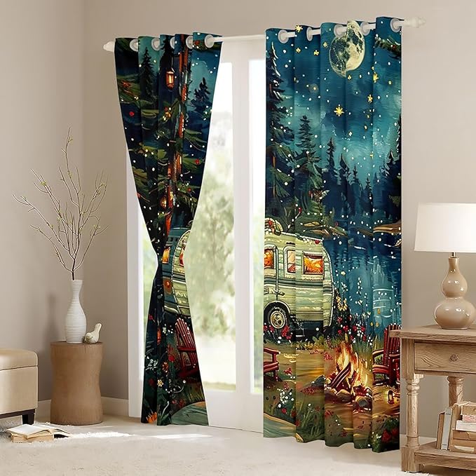 Feelyou RV Camping Camper Blackout Curtains Happy Camping Darkening Drapes for Bedroom Living Room Decor Adventure Camper Thermal Insulated Shades Window Treatments, 2 Panels 52 x 63 Inch