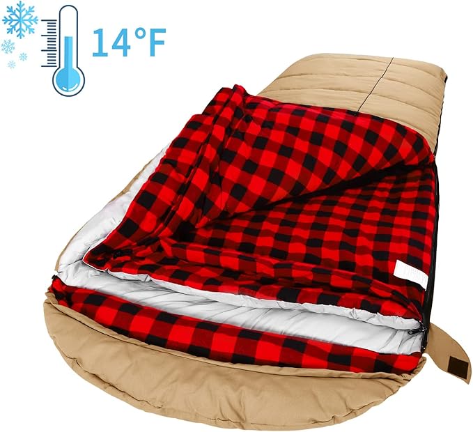 AGEMORE 0 Degree Canvas Sleeping Bag for Adults, Cotton Flannel Sleeping Bag for Winter Camping, Fishing, Hunting or Traveling, Durable Cotton Canvas Shell and Removable Flannel Liner