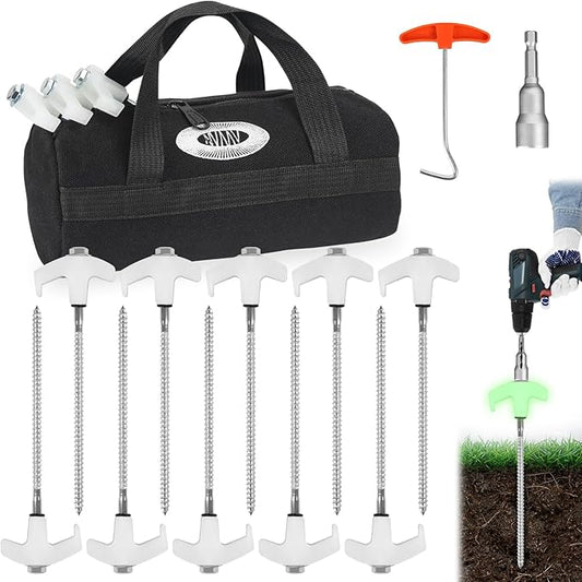 10 Pcs 8" Heavy Duty Drill Tent Stakes with Storage Bag, Glow-in-The-Dark Ground Anchor Peg, Metal Threaded Screw-in Tent Stake for Camping Swing Canopies with 1 Hex Nut Driver, Peg Puller