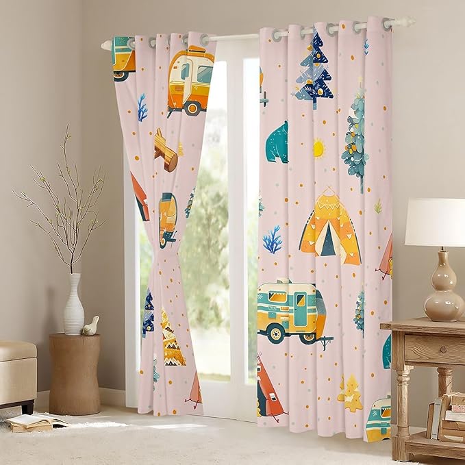 Feelyou Pink RV Camping Camper Blackout Curtains Adventure Camper Darkening Drapes for Bedroom Living Room Decor Happy Camping Thermal Insulated Shades Window Treatments, 2 Panels 38 x 54 Inch