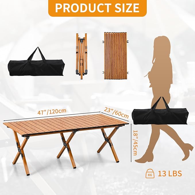 BOOSDEN Portable Folding Camping Table, Outdoor Low Picnic Table, Aluminum Roll-up Camping Table with Carry Bag, Lightweight Foldable Camp Table for Beach,Party, Patio, BBQ, Travel, Backyard
