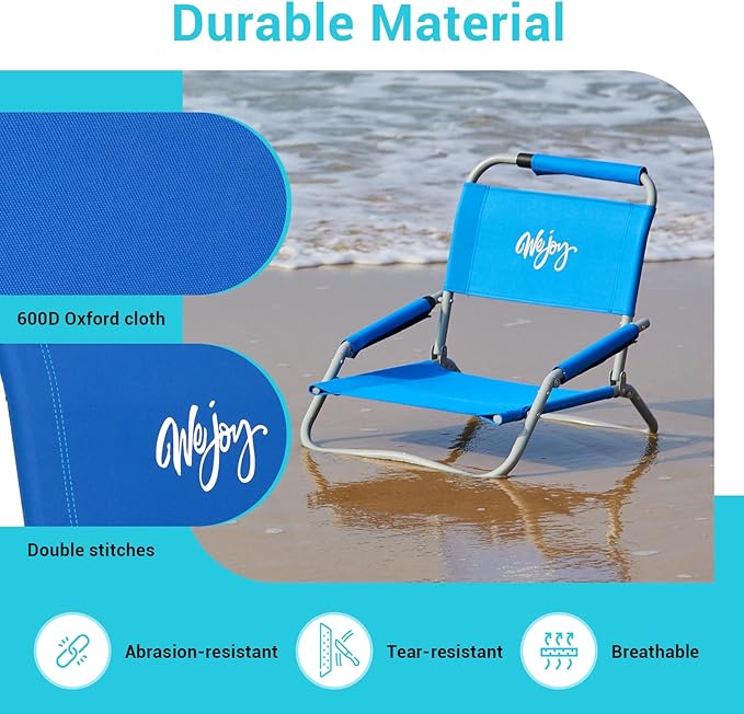#WEJOY 2 Pack Beach Chairs and Table Set Folding Low Beach Chairs for Adults Lightweight Outdoor Chair with Carry Bag for Lawn Camping Picnic Sports Blue Chair & Table Set