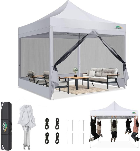 COBIZI Canopy Tent 10x10 Heavy Duty Pop Up Canopy with Sidewalls Waterproof,Easy to Set up Gazebo with Mosquito Netting Outdoor Mesh Screen Tents for Parties Wedding Party with Carry Bag, White