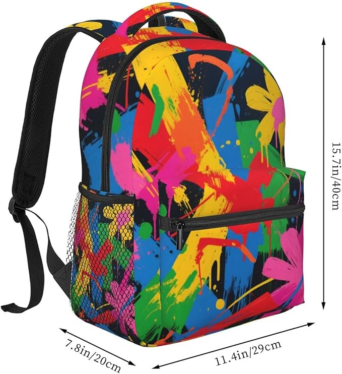 Men Women Polyester Paint Splatter Colorful Daypack Bookbag Big Capacity Shoulder Bag With Padded Straps for Climbing Travel Walking Cycling
