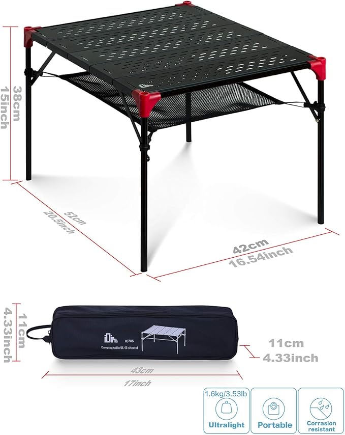 iClimb Extendable Folding Table Large Tabletop Area Ultralight Compact with Hollow Out Tabletop and Carry Bag for Camping Backpacking Beach Concert BBQ Party, Three Size (Black - L)