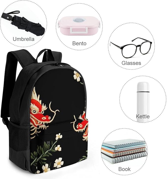 Polyester Daypack Backpack for Climbing Outdoors Running, Big Capacity Multipurpose Anti-Theft Bookbag, Floral Chinese Japanese Dragon Flower Travel Hiking Camping Rucksack