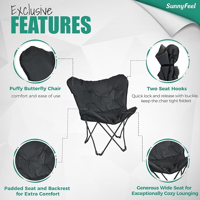 SunnyFeel Oversized XL Padded Camping Chair, Outdoor Butterfly Chair, Portable, Folding, Large Camp Lounge Chairs, Padded Living Room Indoor Chairs Lawn Chairs for Beach,Tailgating,Sport Events,Picnic