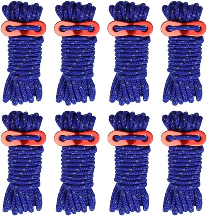 8 Pack 4mm Guy Lines Ultralight Tent Cords with Aluminum Adjuster Tensioner Outdoor Camping Guylines Ropes for Tent Tarp,Climbing,Hiking Backpacking (Blue)