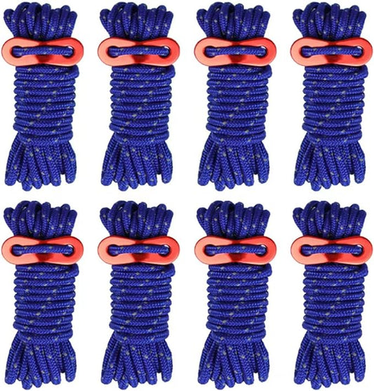 8 Pack 4mm Guy Lines Ultralight Tent Cords with Aluminum Adjuster Tensioner Outdoor Camping Guylines Ropes for Tent Tarp,Climbing,Hiking Backpacking (Blue)