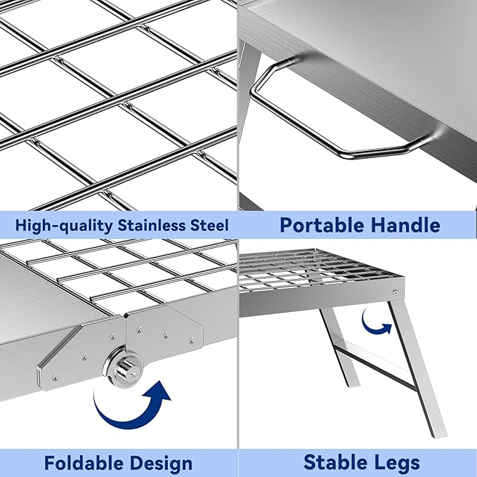 Skyflame Folding Campfire Grill, Portable Stainless Steel Camping Grill Grate and Camp Grill Griddle with Collapsible Legs for Versatile Outdoor Backpacking BBQ Over Fire Pit Cooking